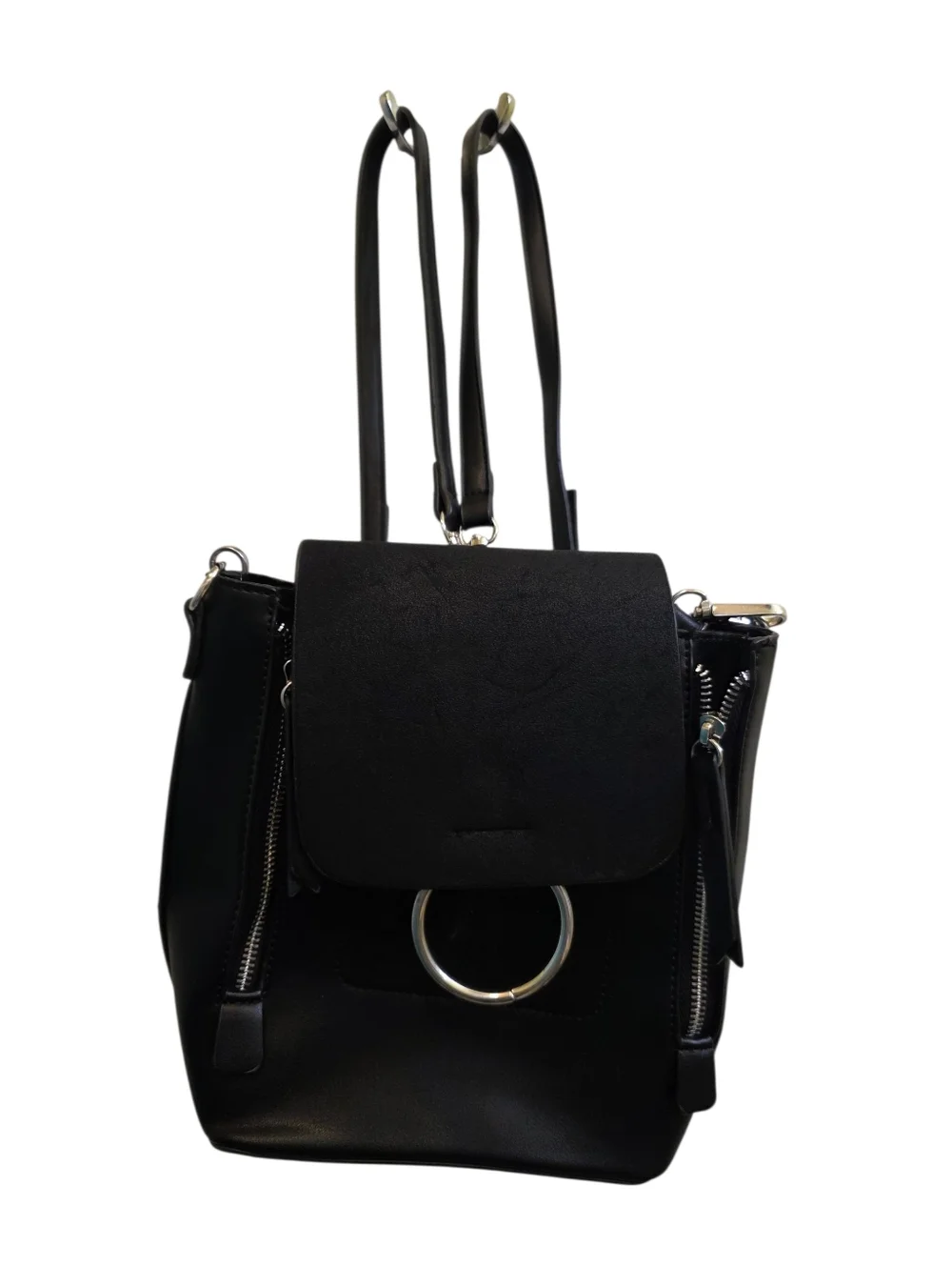 Lulus Faux Leather Black Convertible Mini Backpack Handbag Silver Tone Detail OS